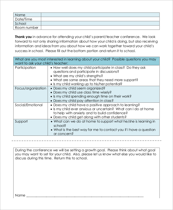 FREE 9 Sample Parent Teacher Conference Forms In MS Word PDF