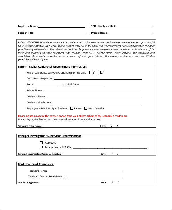 FREE 9 Sample Parent Teacher Conference Forms In MS Word PDF