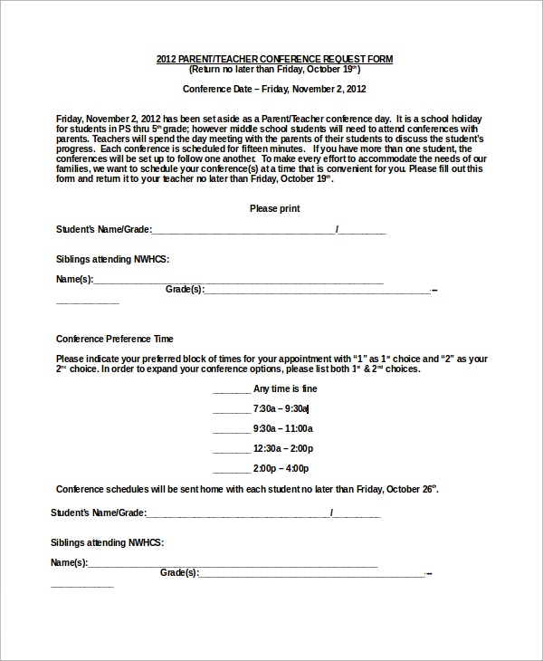 FREE 9 Sample Parent Teacher Conference Forms In MS Word PDF