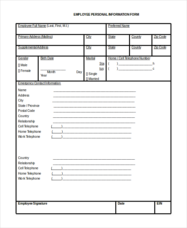 employee personal information form