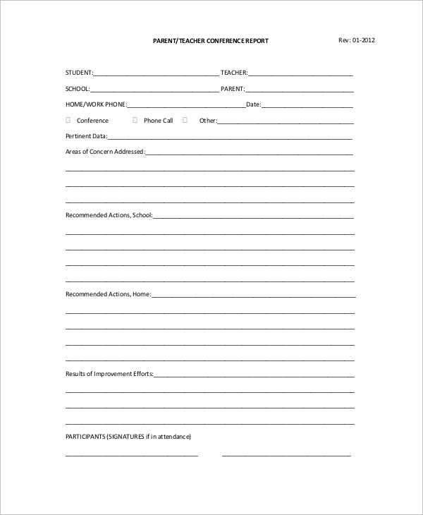 parent teacher conference report form