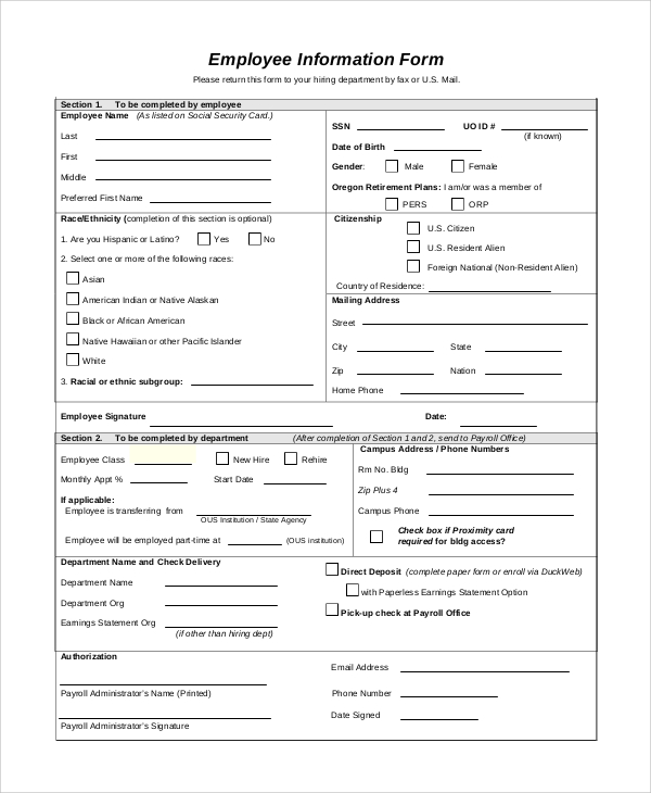 blank employee information form