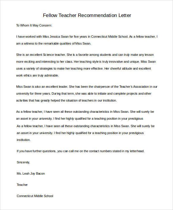 fellow teacher recommendation letter