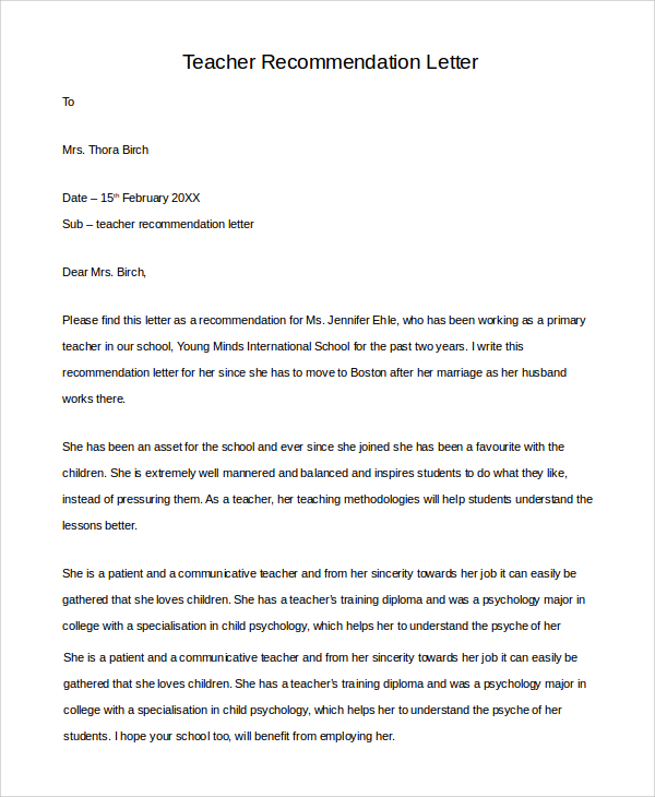 8+ Sample Teacher Letters of Recommendation  Sample Templates