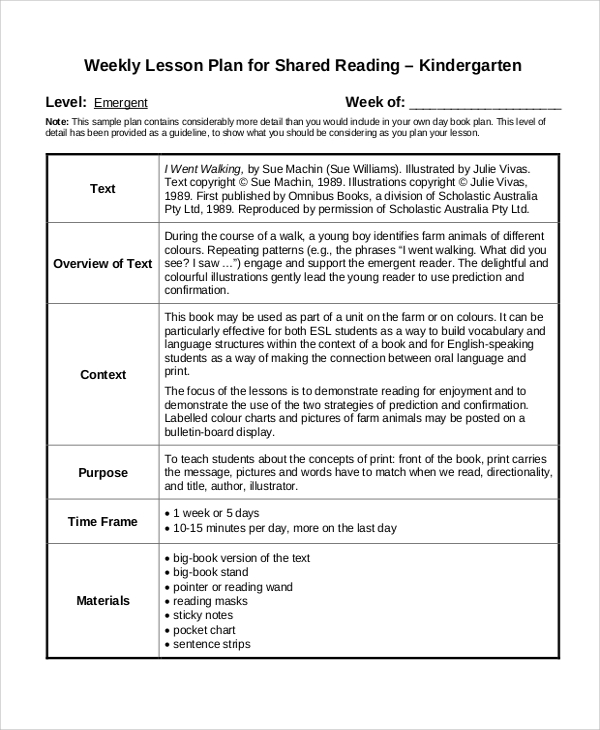 sample kindergarten lesson plans