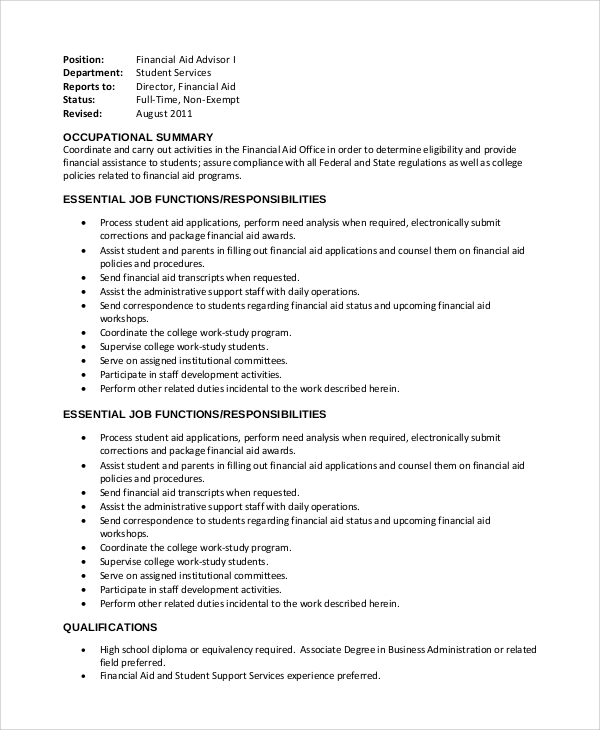 financial aid advisor job description