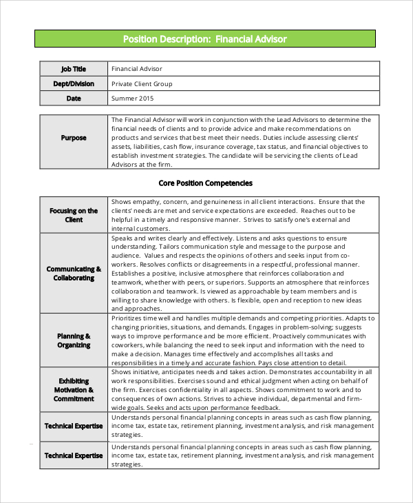 FREE 7+ Sample Financial Advisor Job Description Templates ...