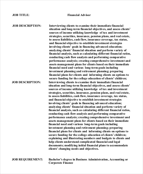 Financial Advisor Job Description For Resume / Financial planner job description / Financial advisors also handle the insurance related.