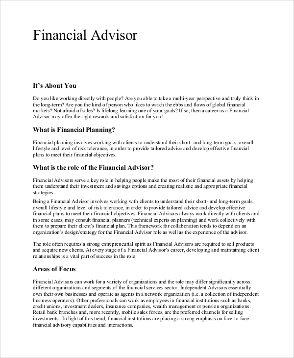 Free 7 Sample Financial Advisor Job Description Templates In Pdf Ms Word