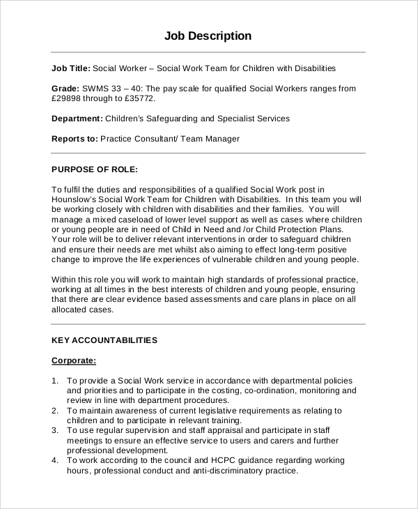 Social Worker Job Description Sample