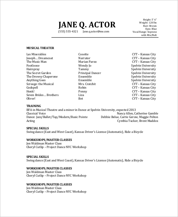 actors resume with no experience