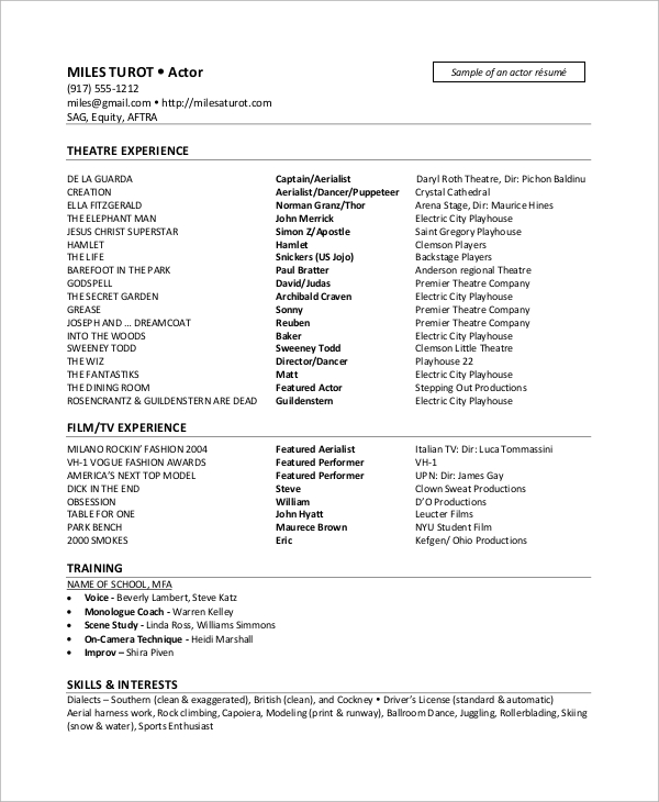 commercial actor resume