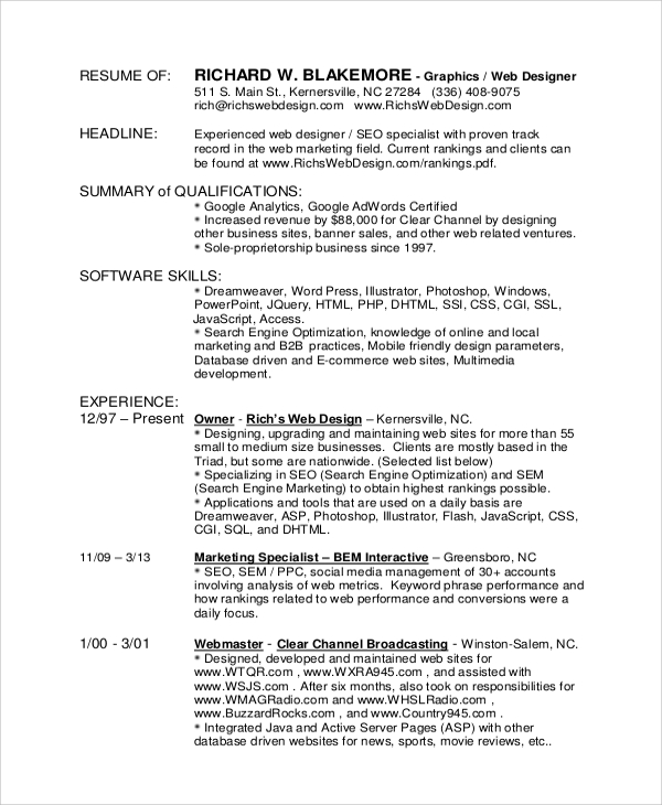 experienced graphic designer resume