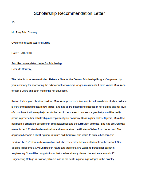scholarship recommendation letter example