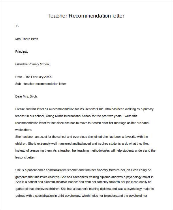 example of letter of recommendation for teacher