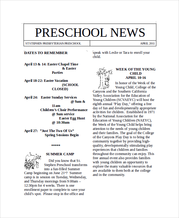 preschool newsletter sample word
