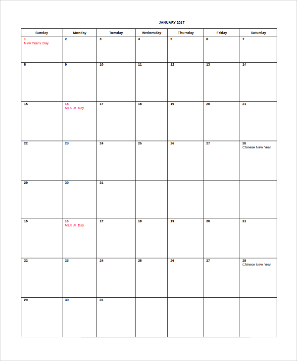 monthly calendar sample word