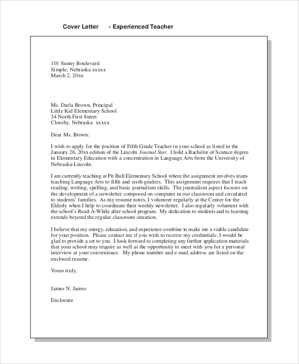 elementary teaching cover letter