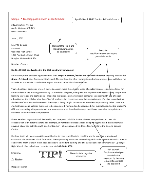 FREE 7+ Sample Teaching Cover Letter Templates in MS Word | PDF