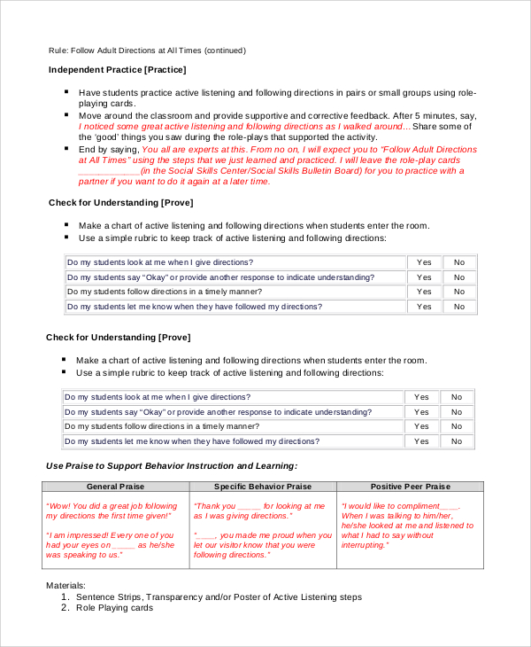 behavior lesson plan example