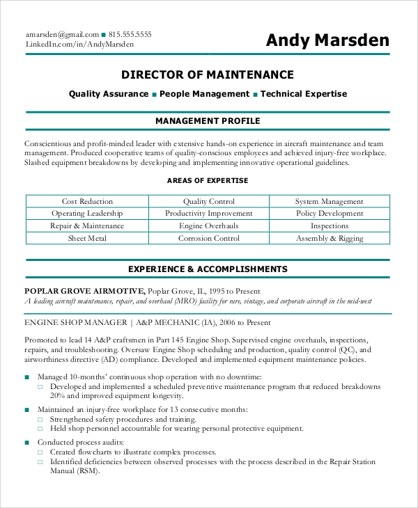 director of maintenance resume