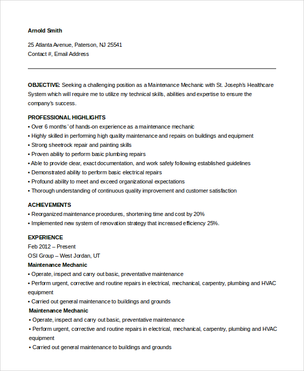 maintenance resume sample objective