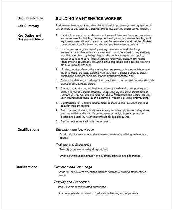 building maintenance worker job desciption for resume