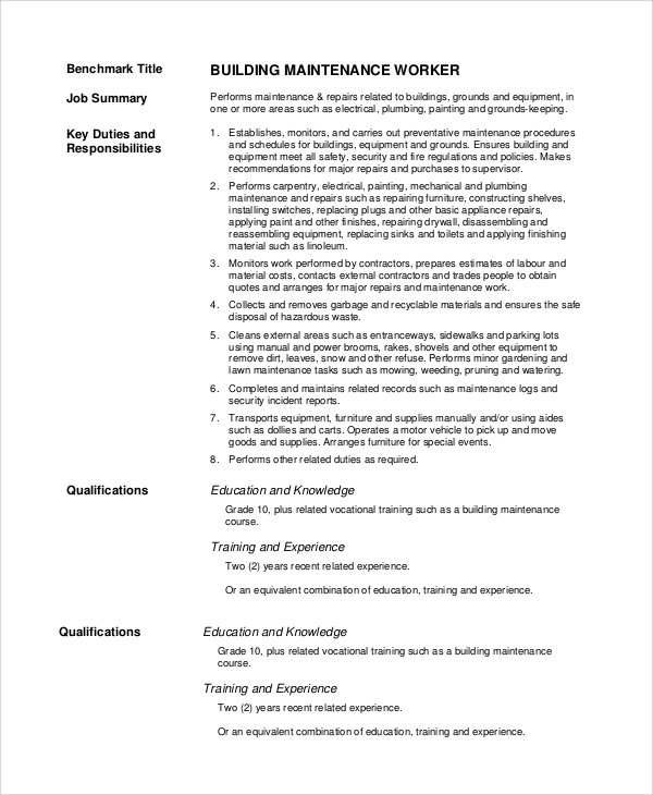 FREE 8+ Sample Maintenance Resume Templates in PDF MS Word