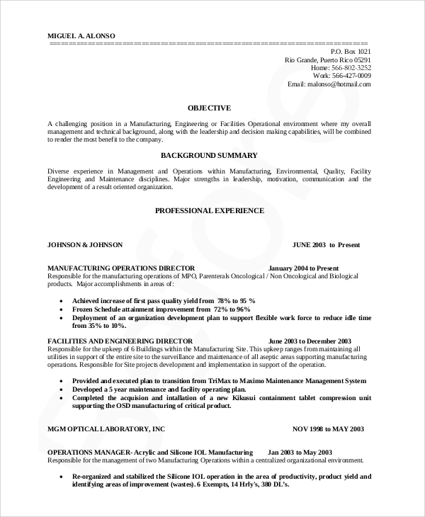 maintenance manager resume