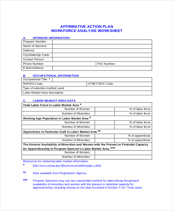 affirmative action plan workforce analysis worksheet