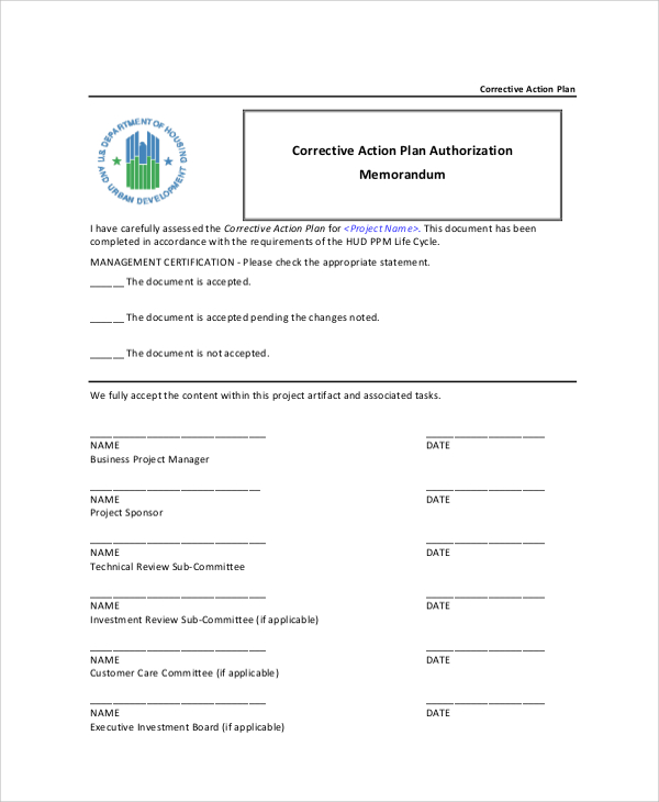 corrective action plan authorization memorandum