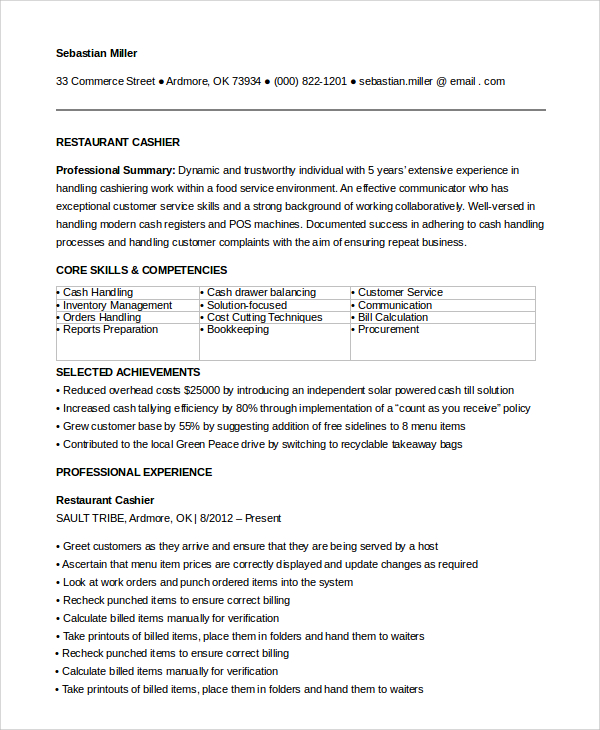 FREE 12+ Sample Restaurant Resume Templates in PDF MS Word