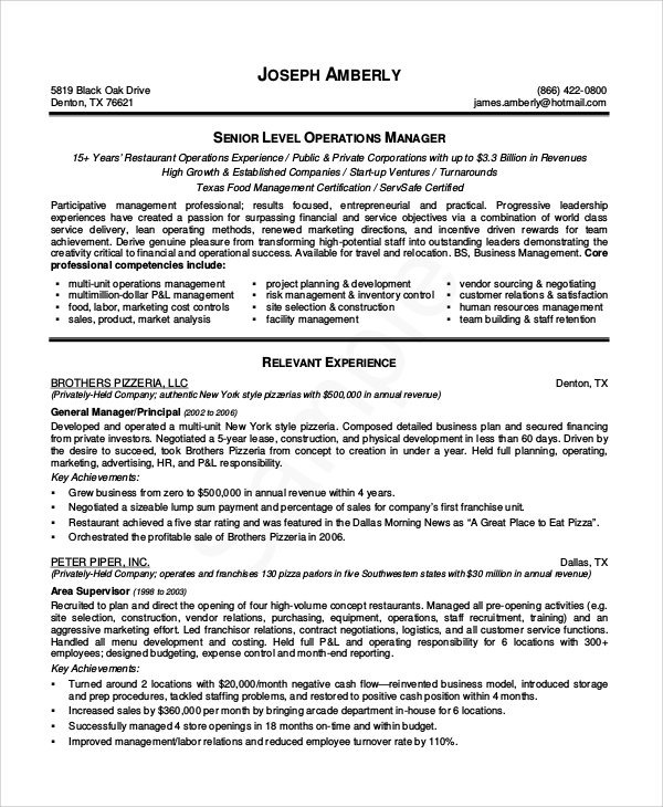 restaurant operations manager resume