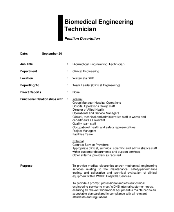 biomedical engineering technician job description