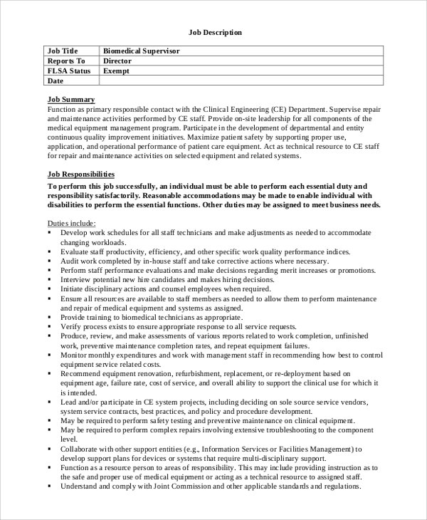 biomedical engineering supervisor job description