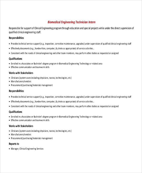 biomedical engineering technician intern job description