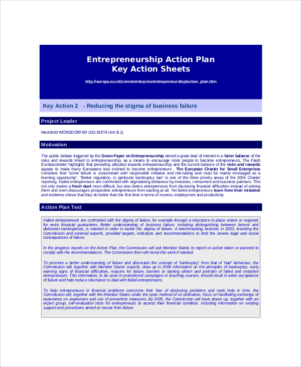 entrepreneurship action plan key action sheet