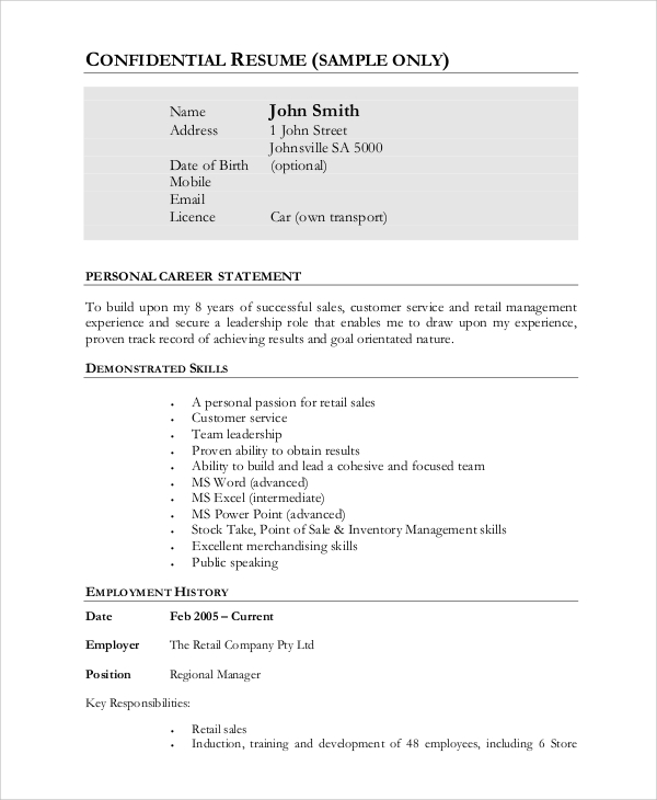 retail sales manager resume