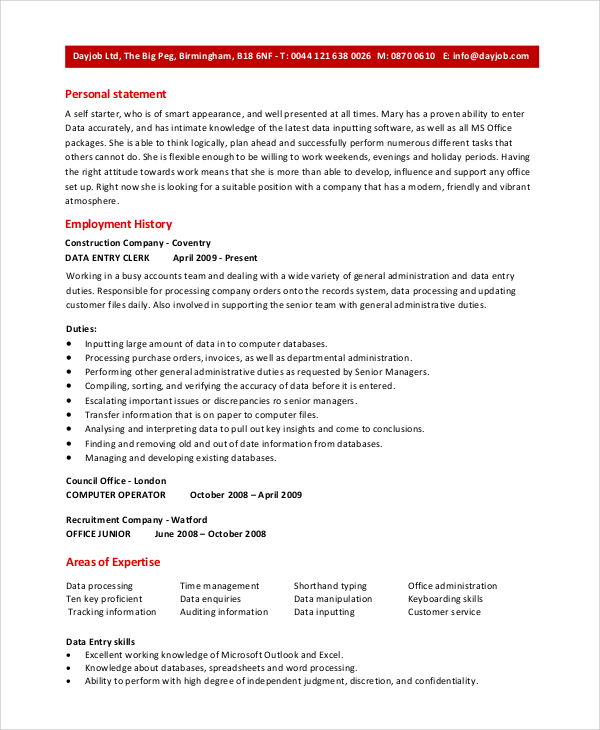 resume pdf plus data entry