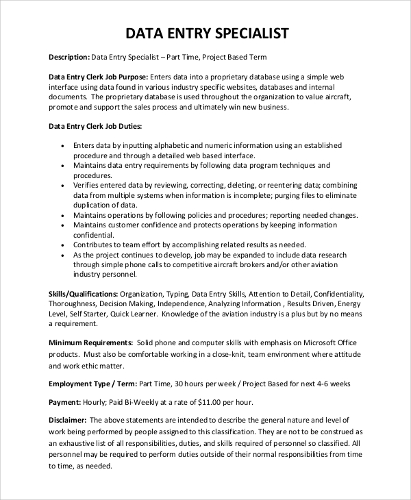 data entry specialist job description for resume