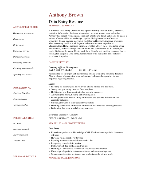 FREE 6+ Sample Data Entry Resume Templates in PDF | MS Word