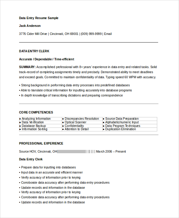 experienced data entry resume