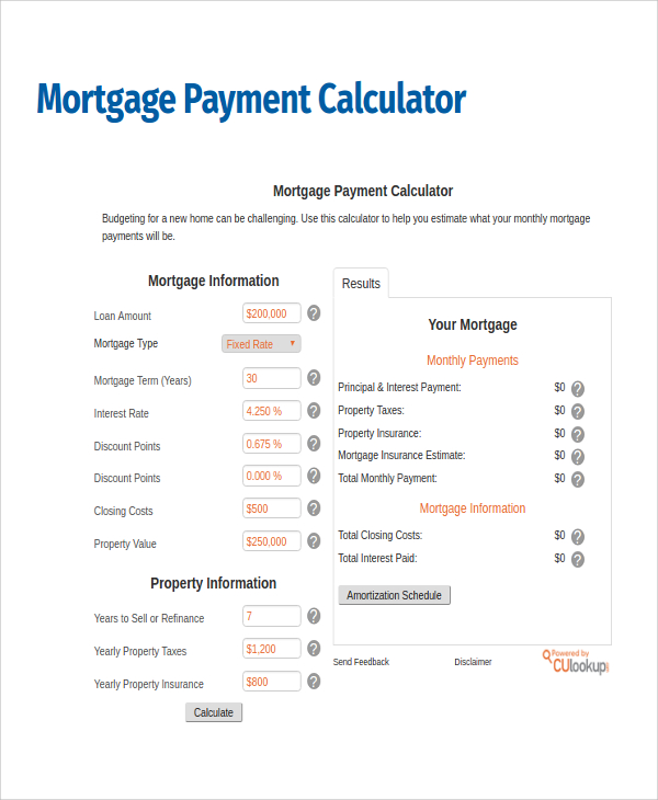 mortgage calculator payments per month