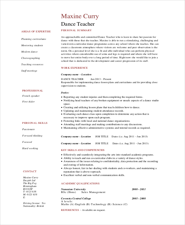 dance teacher resume