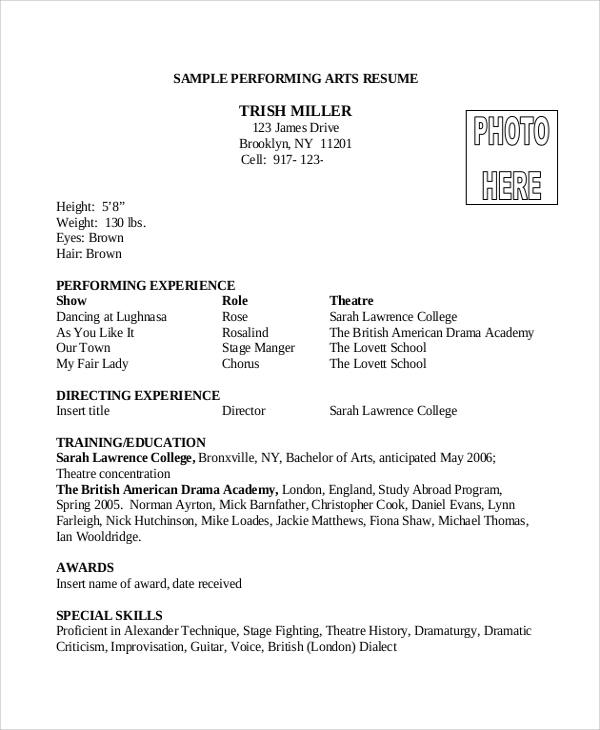 sample dance resume