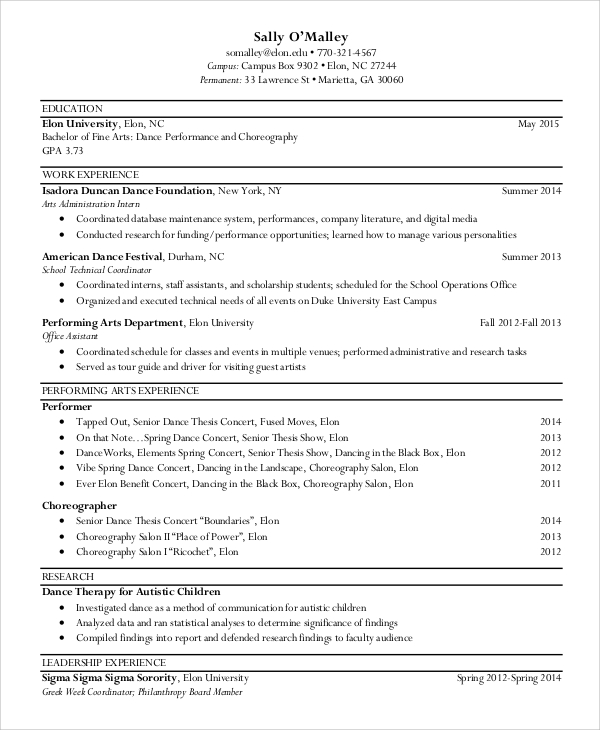 Sample Dance Resume 10 Examples In Word PDF