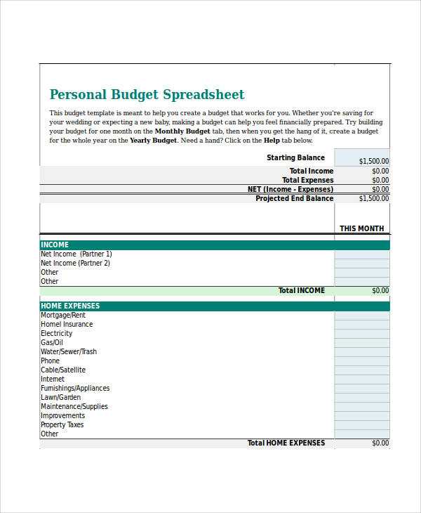excel spreadsheet for personal budget