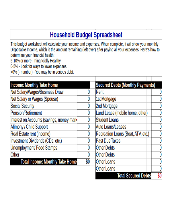 household budget excel spreadsheet example