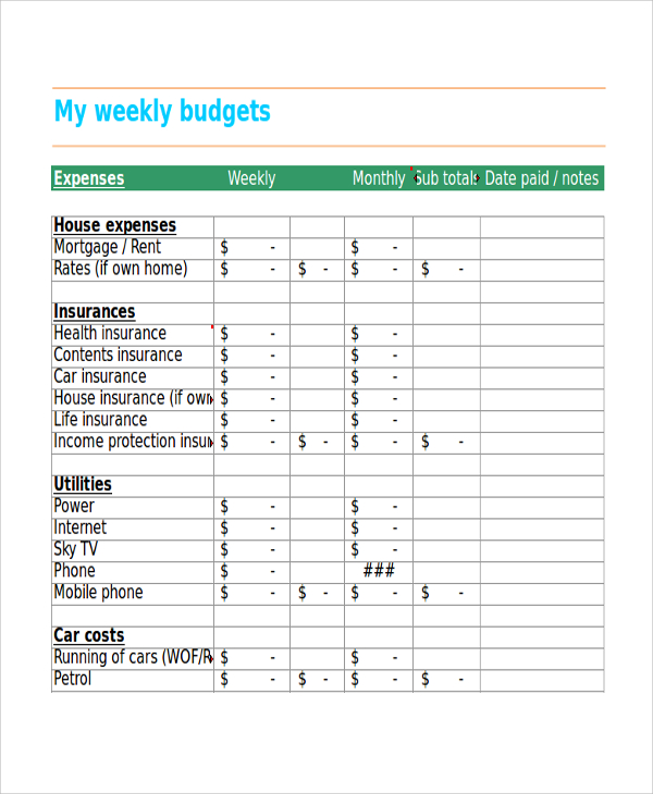 excel household weekly budget