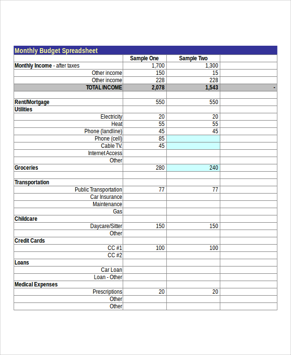 excel spreadsheet of monthly expenses